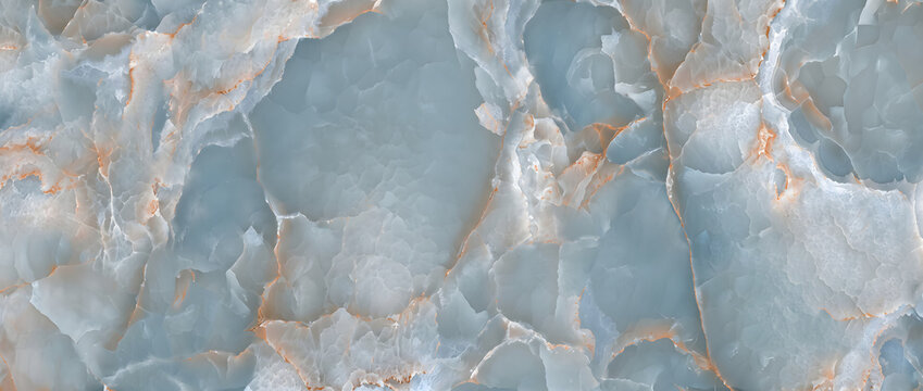 Blue onyx agate texture background with crystal formation and delicate orange veins on icy stone surface