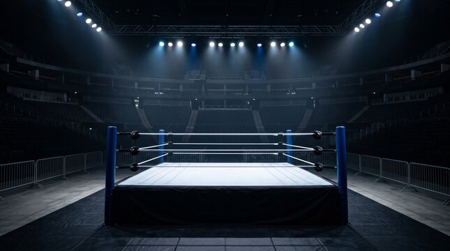 Boxing ring in empty dark arena illuminated by bright spotlights
