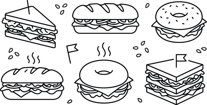 Sandwich and fast food line icon set vector illustrations of club sandwiches baguettes and bagels