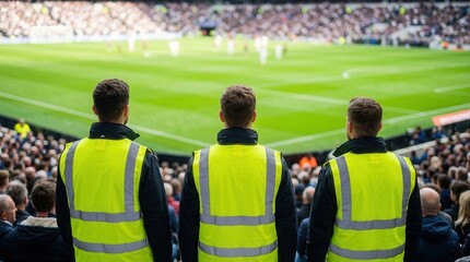 Fototapeta premium Security guards in high-visibility vests watching a professional soccer match in a crowded stadium.