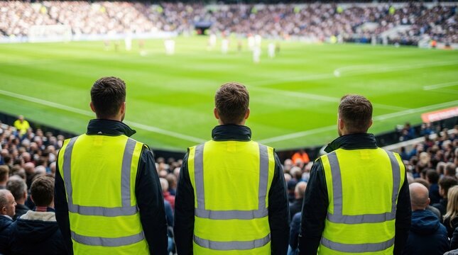 Security guards in high-visibility vests watching a professional soccer match in a crowded stadium.