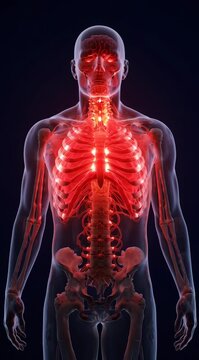 3D illustration of human anatomy showing chest pain inflammation and ribcage skeleton.