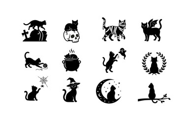 Obraz premium Set of black cat silhouettes for halloween featuring magical themes and mystical elements on a white background