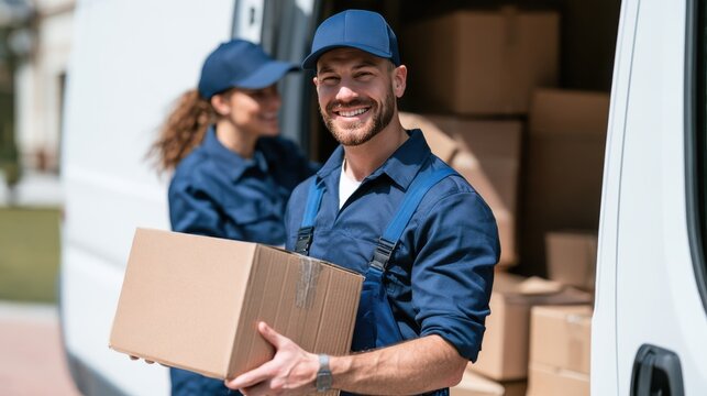 Smiling delivery driver carries cardboard box from van, showcasing teamwork and friendly service in logistics and transportation environment