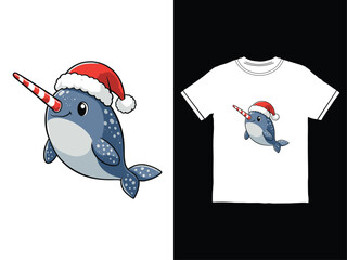 Cute Narwhal Wearing Santa Hat Cartoon Christmas Clipart © ict