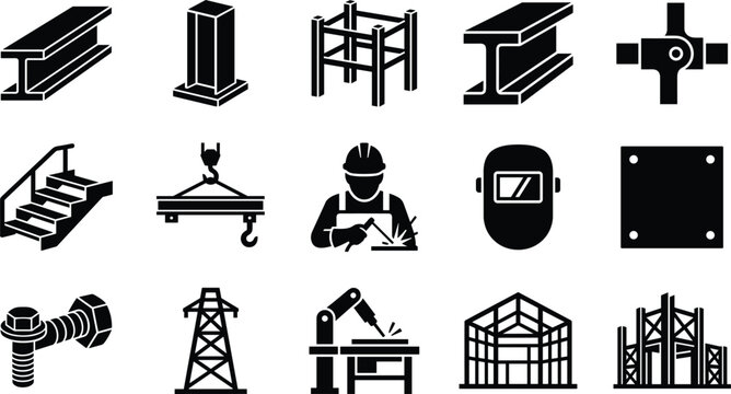 Set of industrial construction and engineering icons featuring metal beams welding equipment and structural frameworks