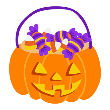 Jack-o-lantern pumpkin bucket filled candies and candy corn cartoon Halloween for trick or treat design and decoration. Cute Halloween pumpkin basket. Vector illustration