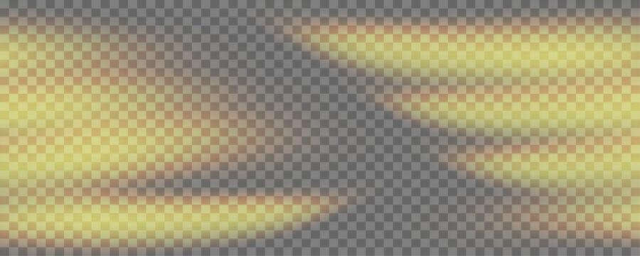 Golden light beam sunbeam ray overlay effect with warm glow on transparent PNG background for photo editing and design. Vector illustration