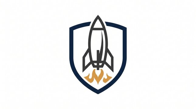 Rocket Ship Launching From Shield Emblem Representing Security and Growth.