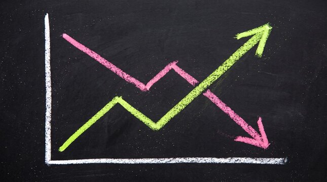 Business Graph Chart Drawn on Blackboard with Rising Green and Falling Pink Chalk Arrows Showing Success and Failure Trends