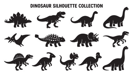 Obraz premium Black dinosaur silhouettes collection featuring various prehistoric extinct animals isolated on white