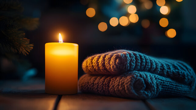 Cozy Winter Evening Candlelight with Knitted Blankets and Bokeh Lights