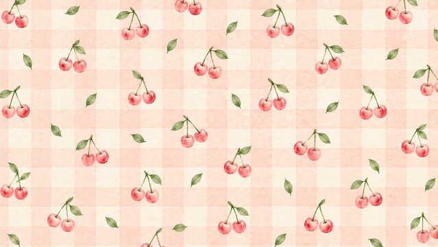 Seamless pattern with watercolor cherries and leaves on a soft pink gingham background
