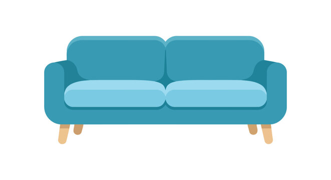 Blue two seater sofa illustration with wooden legs on a white background