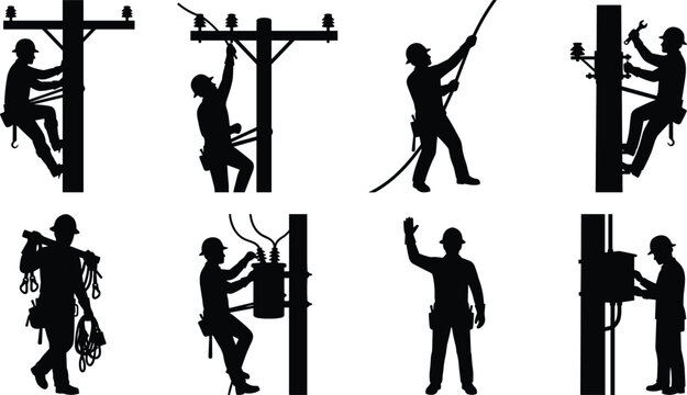 Electrical Linemen Working on Utility Poles and Power Lines Black Silhouette Vector Collection