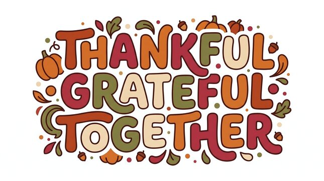 Thankful grateful together fall typography design with pumpkins and autumn leaves isolated on white background