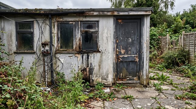 Dilapidated garden shed showing peeling paint and broken exterior walls