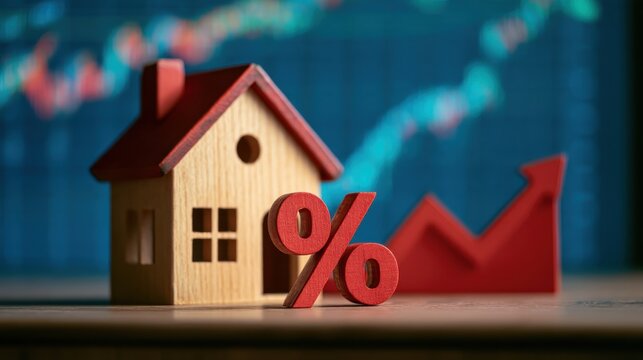 Wooden house model with percentage symbol and rising graph, representing real estate market trends and mortgage interest rates in financial concept