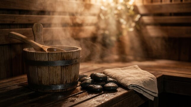 Wooden sauna bucket with ladle and stones for wellness spa.
