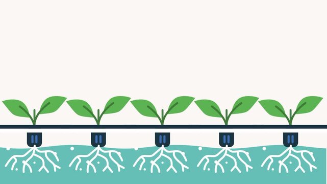 A row of leafy seedlings with their roots extending downward into a shared nutrient water channel representing a hydroponic farming growing system