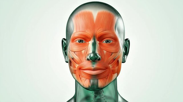 3D anatomical illustration showing the complex muscular system of the human face and head for medical education