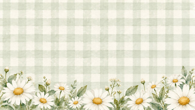 Watercolor daisy flowers border on a soft sage green gingham background, floral frame with chamomile blossoms and leaves for spring design