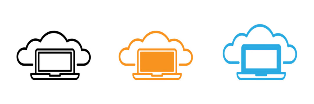 Cloud computing icon set featuring laptop and cloud combination in three colors