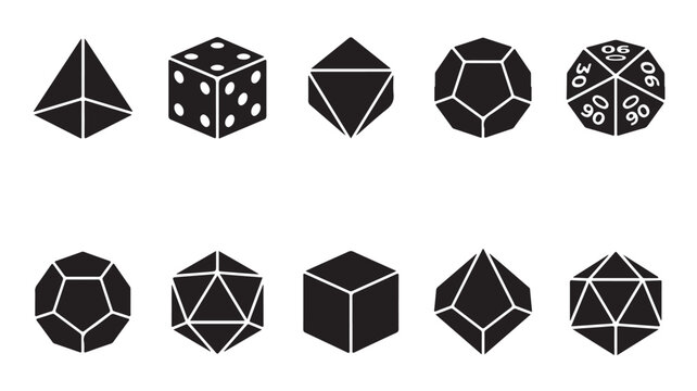 Minimalist black geometric dice and polyhedral shapes set on white background