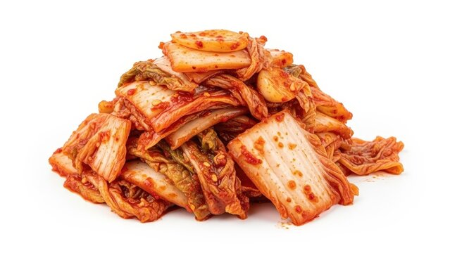 Authentic spicy fermented Korean kimchi cabbage salad isolated on white background, healthy organic probiotic appetizer and gourmet side dish