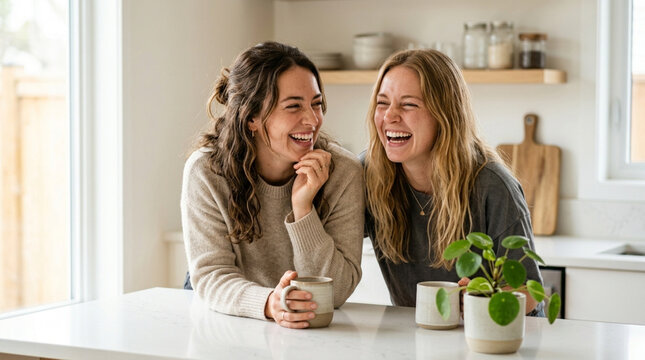 Two women laughing in kitchen with coffee mugs and potted plant