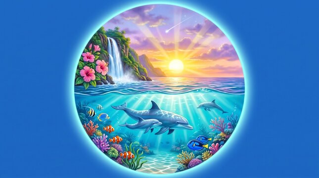 Dolphin swimming near waterfall and coral reef in vibrant underwater scene with copy space