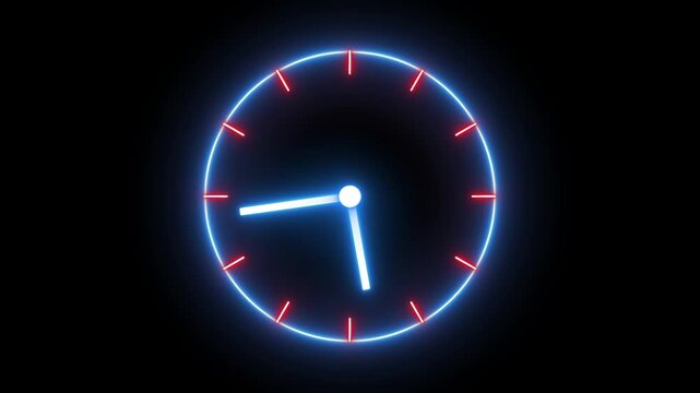 Glowing neon red and blue color clock icon animation watch stopwatch timer circle wall clock clock dial fast minute hours icon seamless effect footage on black background	