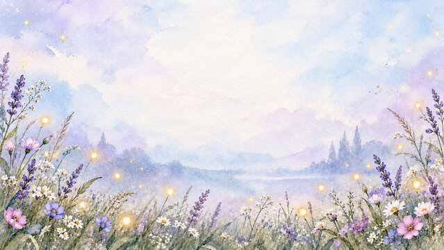 Watercolor painting of a dreamy meadow with wildflowers, lavender, and glowing fireflies under a soft pastel sky at twilight
