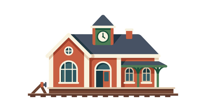 Red brick train station with clock tower stands on railway tracks vector illustration