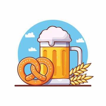Oktoberfest beer stein and soft pretzel, flat vector illustration
