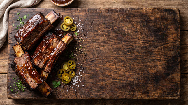 Top down view of Kansas City BBQ beef short ribs and pickles on oak board