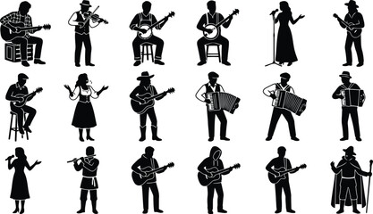Fototapeta premium Collection of musician silhouettes playing various instruments including guitars, accordions, and flutes isolated on a white background