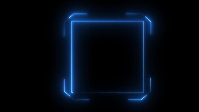 Glowing blue neon square frame on a black background with empty copy space, modern digital border design for tech.Motion graphics of concept