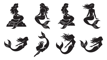 Obraz premium Black mermaid silhouettes collection sitting and swimming in graceful poses