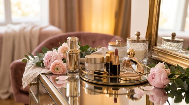 Luxury cosmetic products and pink flowers arranged on a mirrored vanity table with a golden ornate mirror