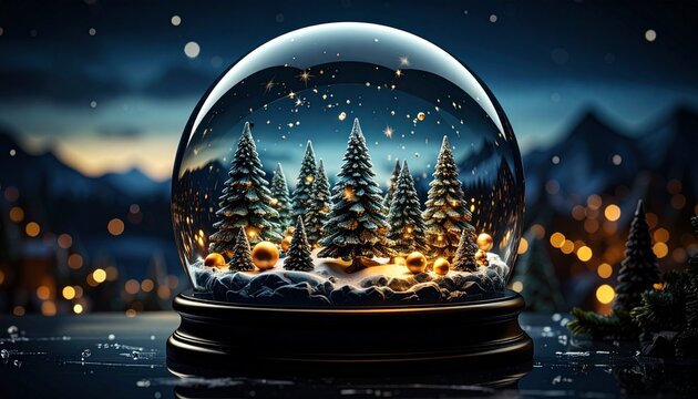 snow globe on a black background and Christmas trees in the glob generated by AI tool season
