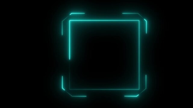 Glowing cyan neon square frame on a black background with empty copy space, modern digital border design for tech.Motion graphics of concept