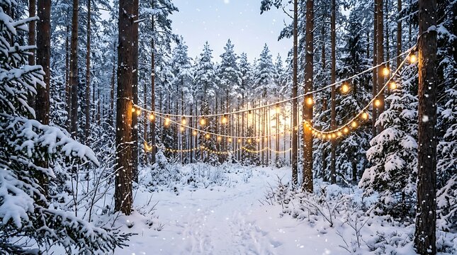 Snowy forest path with festive string lights for winter holiday decor inspiration