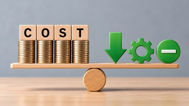 Wooden balance scale weighing financial cost blocks and coin stacks against green downward arrows and gears for operational efficiency.