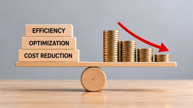 Wooden blocks labeled efficiency and optimization balancing on a scale against descending coin stacks and a red arrow driving cost reduction.