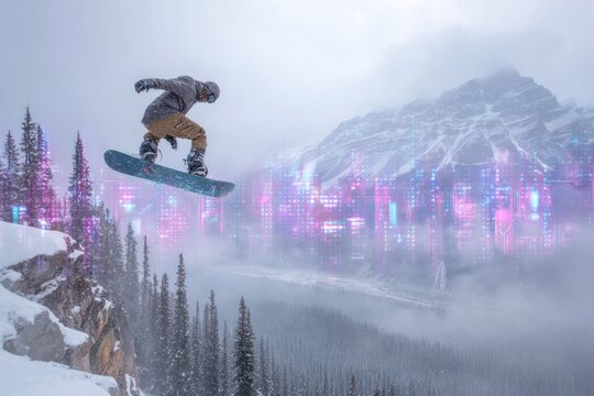 A snowboarder performs a jump over a cliff with mountains and a colorful city skyline appearing behind the winter scene