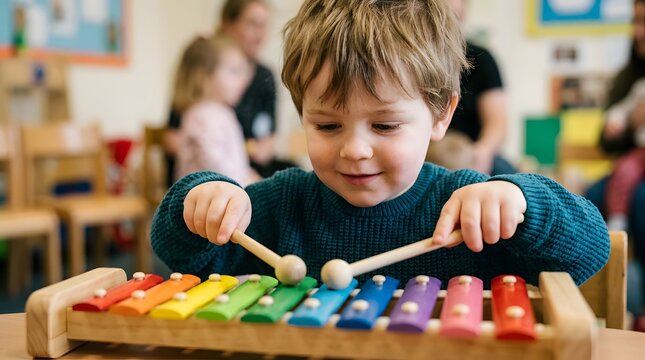 Young boy playing a colorful wooden xylophone with mallets in a classroom