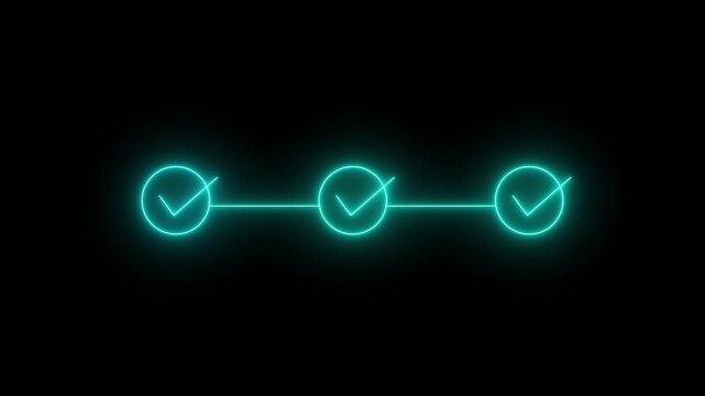 Glowing neon cyan three step progress bar and animation with for business task completion and loading screens.Motion graphics of concept