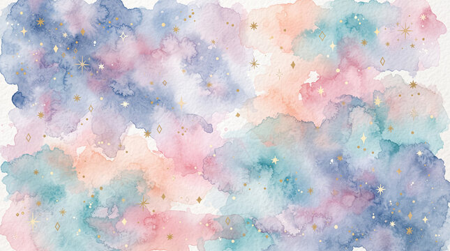 Abstract watercolor background with soft pastel clouds in blue, pink, and peach tones decorated with sparkling golden stars and geometric shapes
