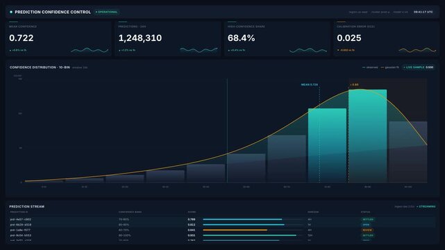 Prediction confidence control dashboard for machine learning metrics statistical data analysis, for artificial intelligence performance monitoring, data science, business